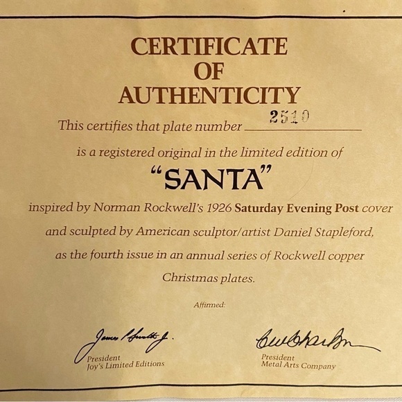 The metal arts company norman rockwell christmas santa copper collector's plate - Picture 11 of 11